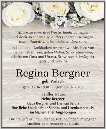 Traueranzeige von Regina Bergner von Super Sonntag SGH Mansf. Land