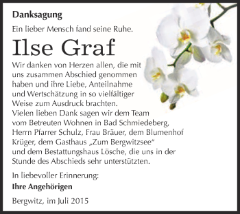 Traueranzeige von Ilse Graf von WVG - Wochenspiegel Wittenberg