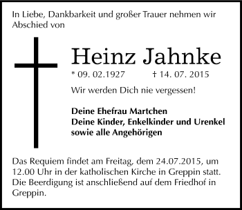 Traueranzeige von Heinz Jahnke von Mitteldeutsche Zeitung Bitterfeld