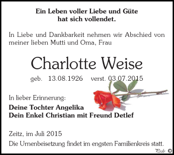 Traueranzeige von Charlotte Weise von Super Sonntag Zeitz