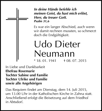 Traueranzeige von Udo Dieter Neumann von Mitteldeutsche Zeitung Wittenberg