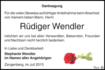 Traueranzeige von Rüdiger Wendler von Super Sonntag Zeitz