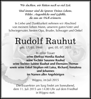 Traueranzeige von Rudolf Rauhut von Mitteldeutsche Zeitung Mansfelder Land