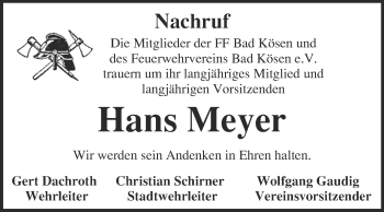 Traueranzeige von Hans Meyer von WVG - Wochenspiegel NMB / WSF / ZTZ