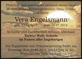 Traueranzeige von Vera Engelsmann von Super Sonntag Bernburg