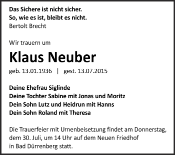 Traueranzeige von Klaus Neuber von Super Sonntag Merseburg