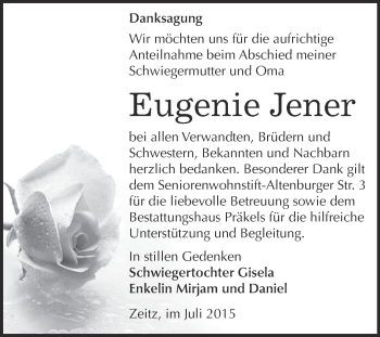 Traueranzeige von Eugenie Jener von Super Sonntag Zeitz