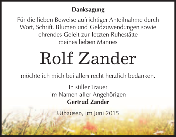 Traueranzeige von Rolf Zander von WVG - Wochenspiegel Wittenberg