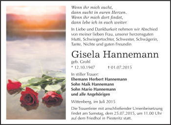 Traueranzeige von Gisela Hannemann von Super Sonntag Wittenberg