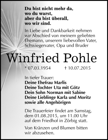 Traueranzeige von Winfried Pohle von Mitteldeutsche Zeitung Dessau-Roßlau