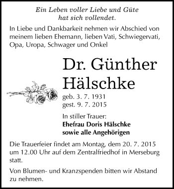 Traueranzeige von Günther Hälschke von Mitteldeutsche Zeitung Merseburg/Querfurt