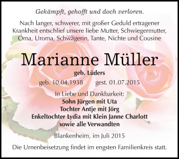 Traueranzeige von Marianne Müller von WVG - Wochenspiegel SGH