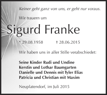 Traueranzeige von Sigurd Franke von Super Sonntag Aschersleben