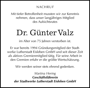 Traueranzeige von Günter Valz von Mitteldeutsche Zeitung Mansfelder Land