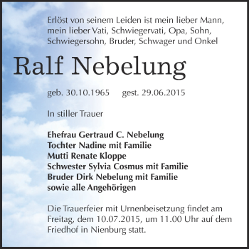 Traueranzeige von Ralf Nebelung von Super Sonntag Bernburg