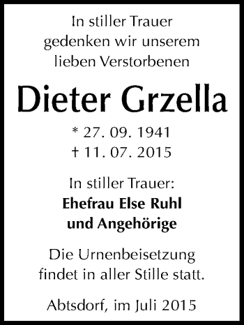 Traueranzeige von Dieter Grzella von Mitteldeutsche Zeitung Wittenberg