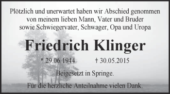 Traueranzeige von Friedrich Klinger von Super Sonntag Quedlinburg