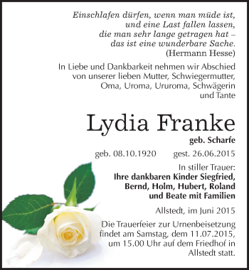 Traueranzeige von Lydia Franke von Mitteldeutsche Zeitung Sangerhausen