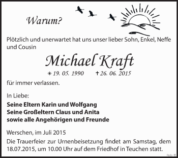 Traueranzeige von Michael Kraft von WVG - Wochenspiegel NMB / WSF / ZTZ