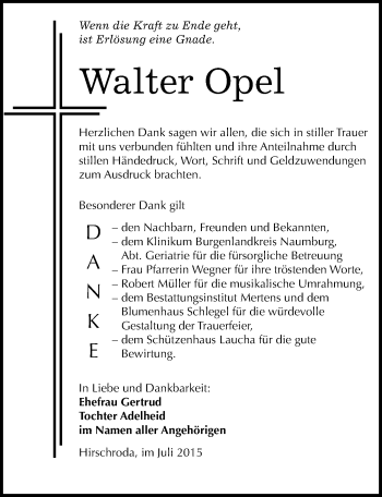 Traueranzeige von Walter Opel von Mitteldeutsche Zeitung Naumburg/Nebra