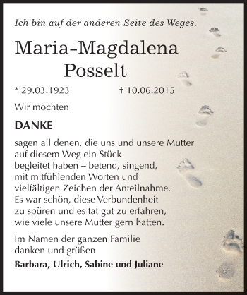 Traueranzeige von Maria-Magdalena Posslt von Mitteldeutsche Zeitung Wittenberg