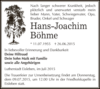 Traueranzeige von Hans-Joachim Böhme von Super Sonntag SGH Mansf. Land