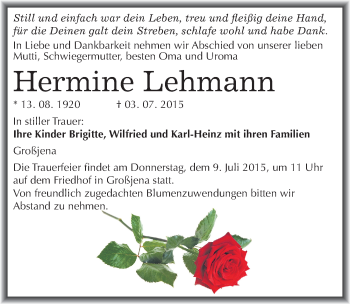 Traueranzeige von Hermine Lehmann von Mitteldeutsche Zeitung Naumburg/Nebra