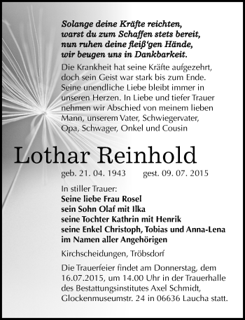Traueranzeige von Lothar Reinhold von Mitteldeutsche Zeitung Naumburg/Nebra