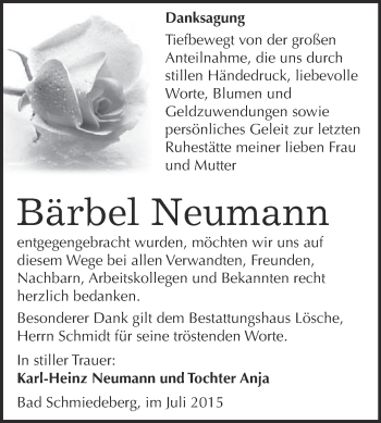 Traueranzeige von Bärbel Neumann von WVG - Wochenspiegel Wittenberg