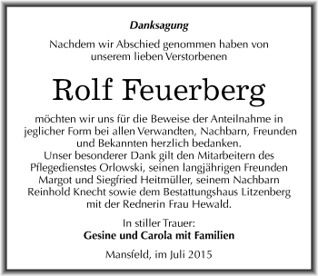 Traueranzeige von Rolf Feuerberg von Mitteldeutsche Zeitung Mansfelder Land