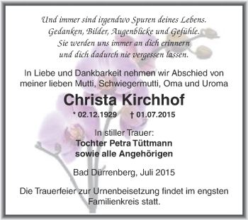 Traueranzeige von Christa Kirchhof von Super Sonntag Merseburg