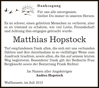 Traueranzeige von Matthias Hopstock von Super Sonntag SGH Mansf. Land