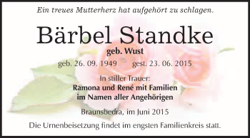 Traueranzeige von Bärbel Standke von WVG - Wochenspiegel Merseburg