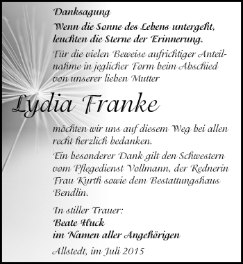 Traueranzeige von Lydia Franke von Mitteldeutsche Zeitung Sangerhausen