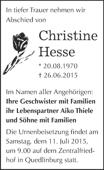 Traueranzeige von Christine Hesse von WVG - Wochenspiegel Quedlinburg