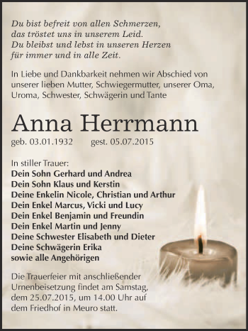 Traueranzeige von Anna Herrmann von WVG - Wochenspiegel Wittenberg
