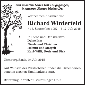 Traueranzeige von Richard Winterfeld von Super Sonntag Bernburg