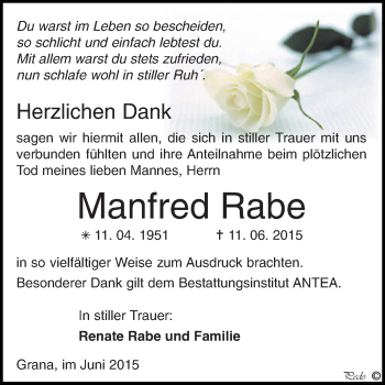 Traueranzeige von Manfred Rabe von Super Sonntag Zeitz