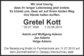 Traueranzeige von Gretel Kott von WVG - Wochenspiegel Dessau / Köthen