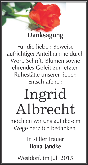 Traueranzeige von Ingrid Albrecht von Super Sonntag Aschersleben