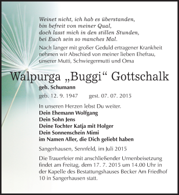 Traueranzeige von Walpurga Gottschalk von Mitteldeutsche Zeitung Sangerhausen