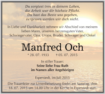 Traueranzeige von Manfred Och von Super Sonntag SGH Mansf. Land