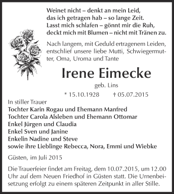 Traueranzeige von Irene Eimecke von WVG - Wochenspiegel Bernburg