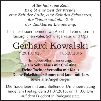 Traueranzeige von Gerhard Kowalski von WVG - Wochenspiegel Dessau / Köthen