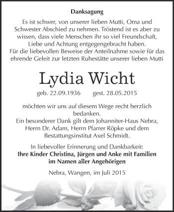 Traueranzeige von Lydia Wicht von WVG - Wochenspiegel NMB / WSF / ZTZ