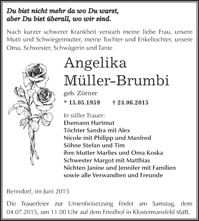 Traueranzeige für Angelika Müller-Brumbi vom 01.07.2015 aus Wochenspiegel Mansfelder Land