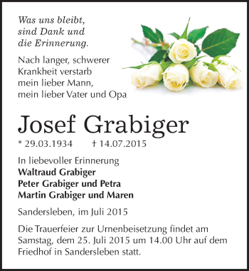 Traueranzeige von Josef Grabiger von Mitteldeutsche Zeitung Mansfelder Land