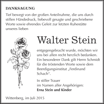 Traueranzeige von Walter Stein von WVG - Wochenspiegel Wittenberg