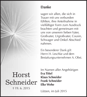 Traueranzeige von Horst Schneider von WVG - Wochenspiegel NMB / WSF / ZTZ