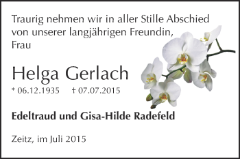 Traueranzeige von Helga Gerlach von Super Sonntag Zeitz